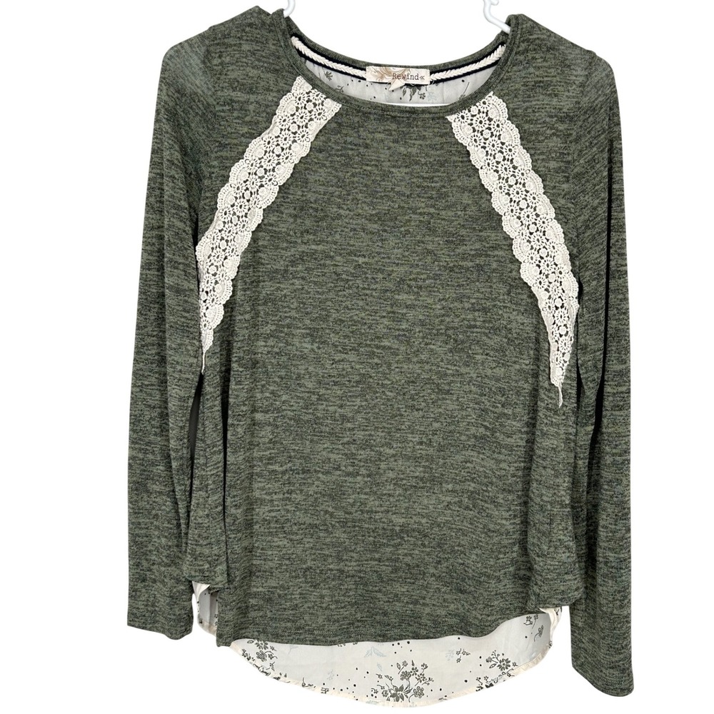 Rewind Green Knit Blouse with Floral Underlayer Lace Strip on Front Womens Small